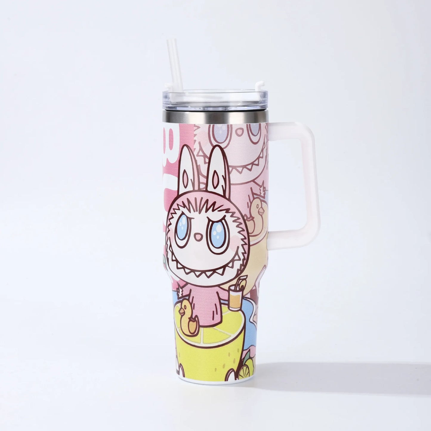 2025 New Labubu Water Cup 40Oz Handle Car Insulated Cup with Straw for Insulation and Cooling, Ice King Cup