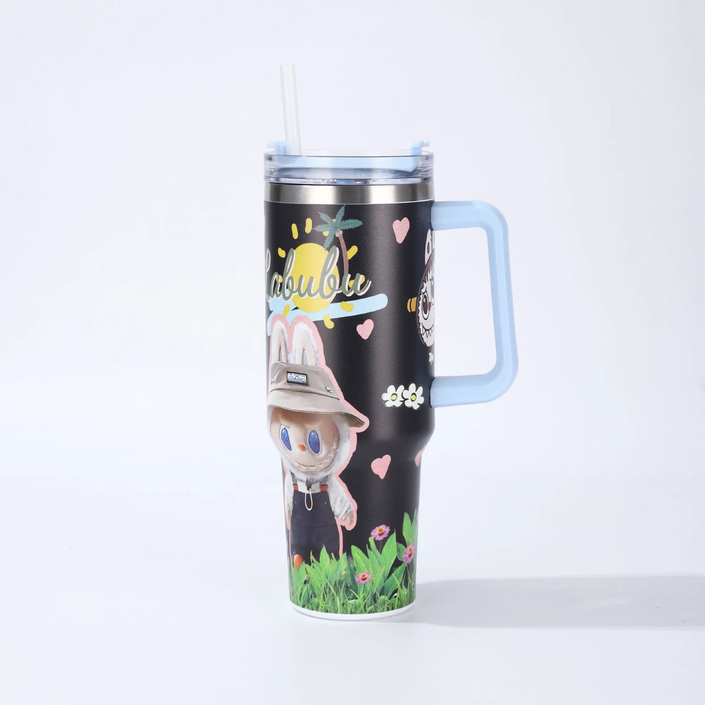 2025 New Labubu Water Cup 40Oz Handle Car Insulated Cup with Straw for Insulation and Cooling, Ice King Cup